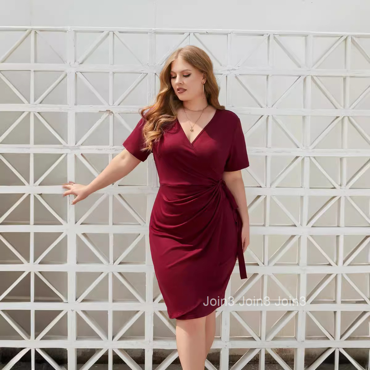 Large Size Womens Solid Color Casual Vacation Dress with Straps V-neck Mid Length Dress for Vacation