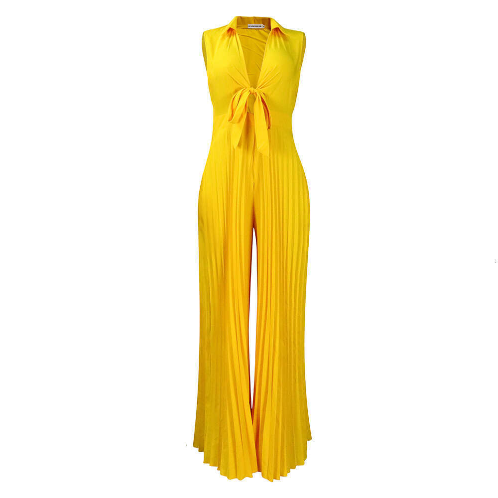 Wide Leg Jumpsuit C Women S Summer New Fashion V Neck Long Sleeved Lapel Loose Pleated Wide Leg Jumpsuit