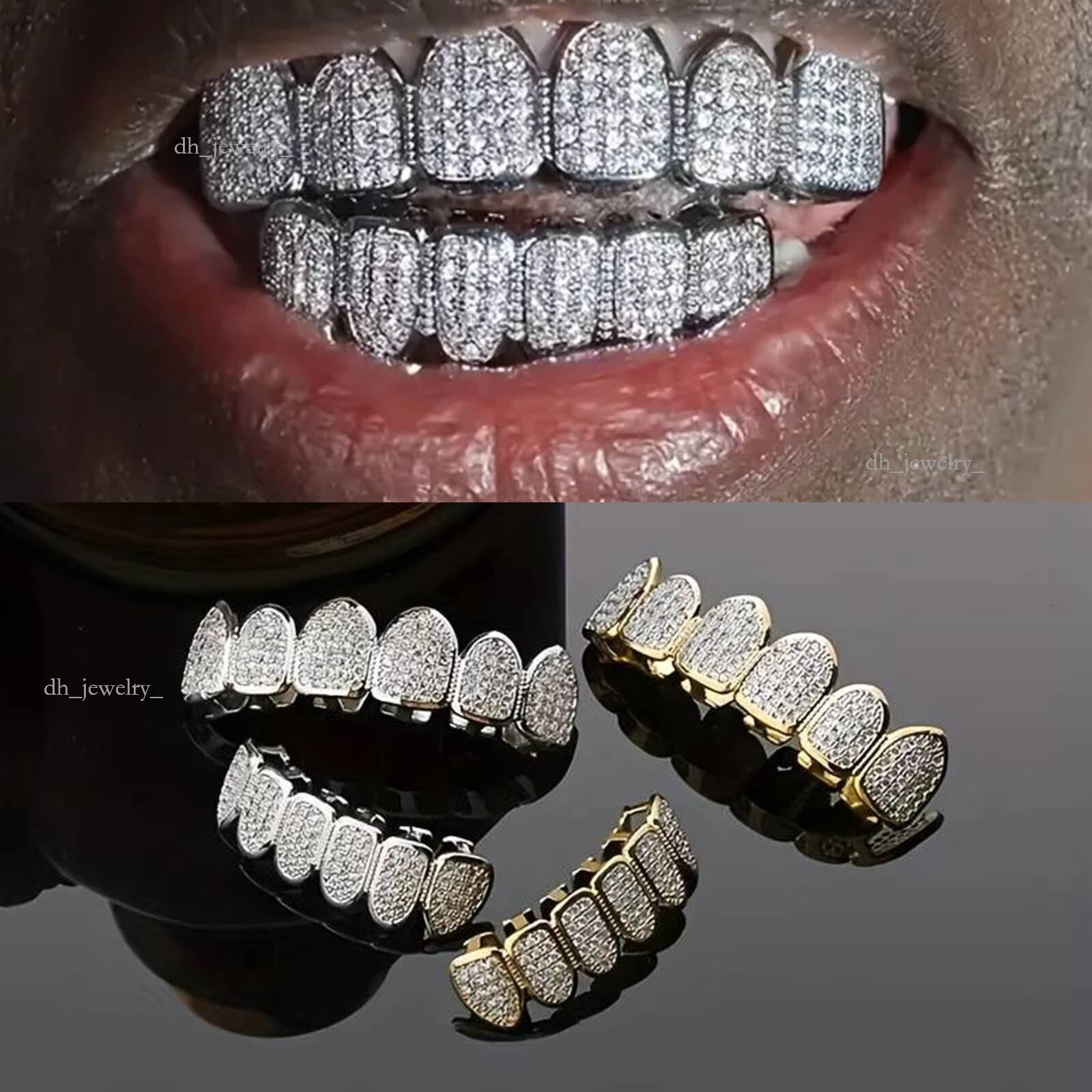 Hip Hop Brass Bling Zircon Grillz Top Bottom Iced Out Dia Teeth Grill for Women and Men a Set of Tooth Jewelry
