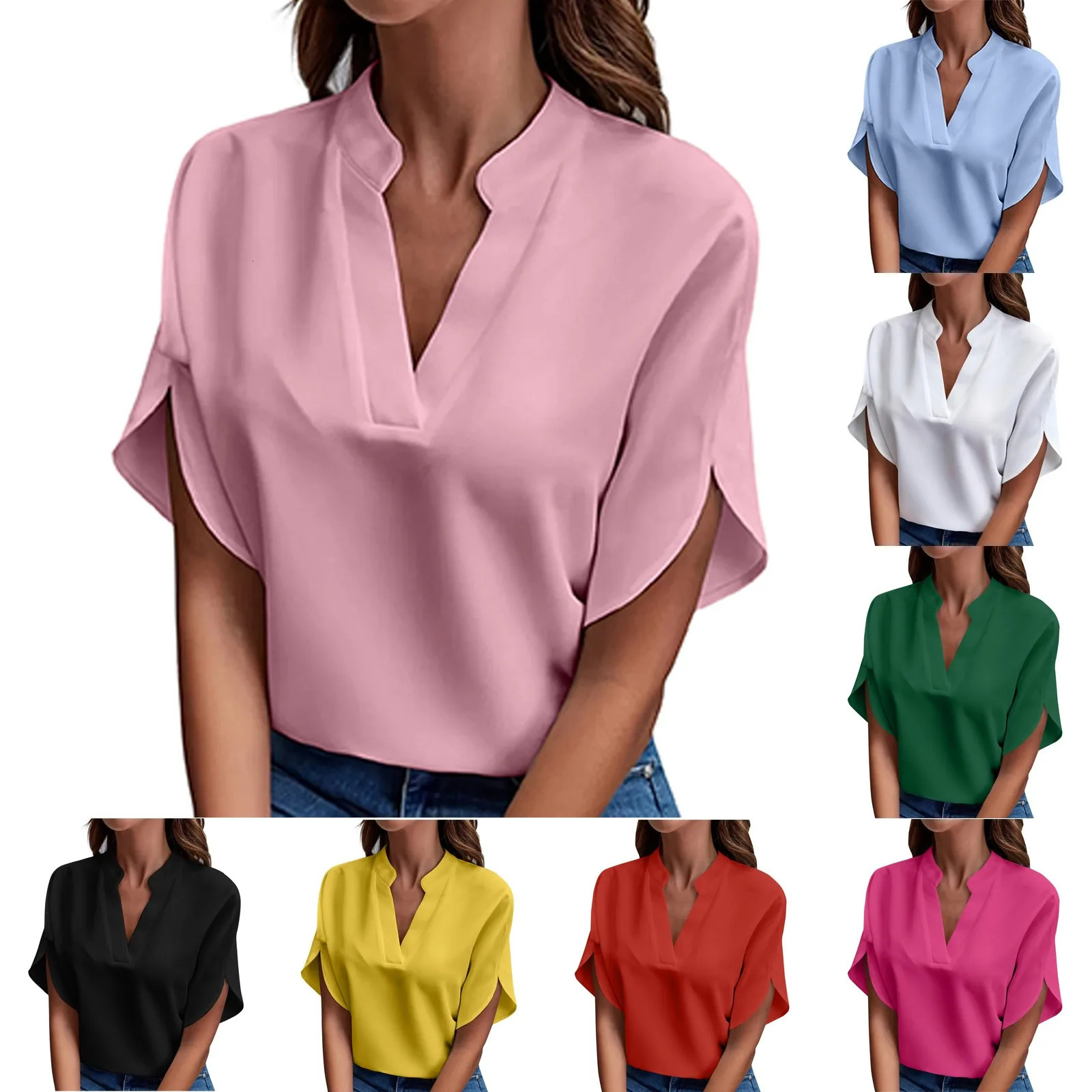 Summer Tops For Women Blouse Fashion Short Sleeve Solid V Neck Loose Shirts And Blouses Elegant Laies White Tops 250517