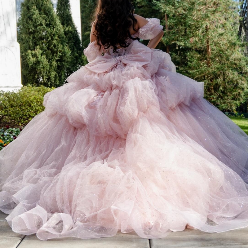 Pink Quinceanera Dresses Off Shoulder Ball Gown Sweet 16 Dress Applique Beads Bow Tull Birthday Party Vestidos 15 Anos
