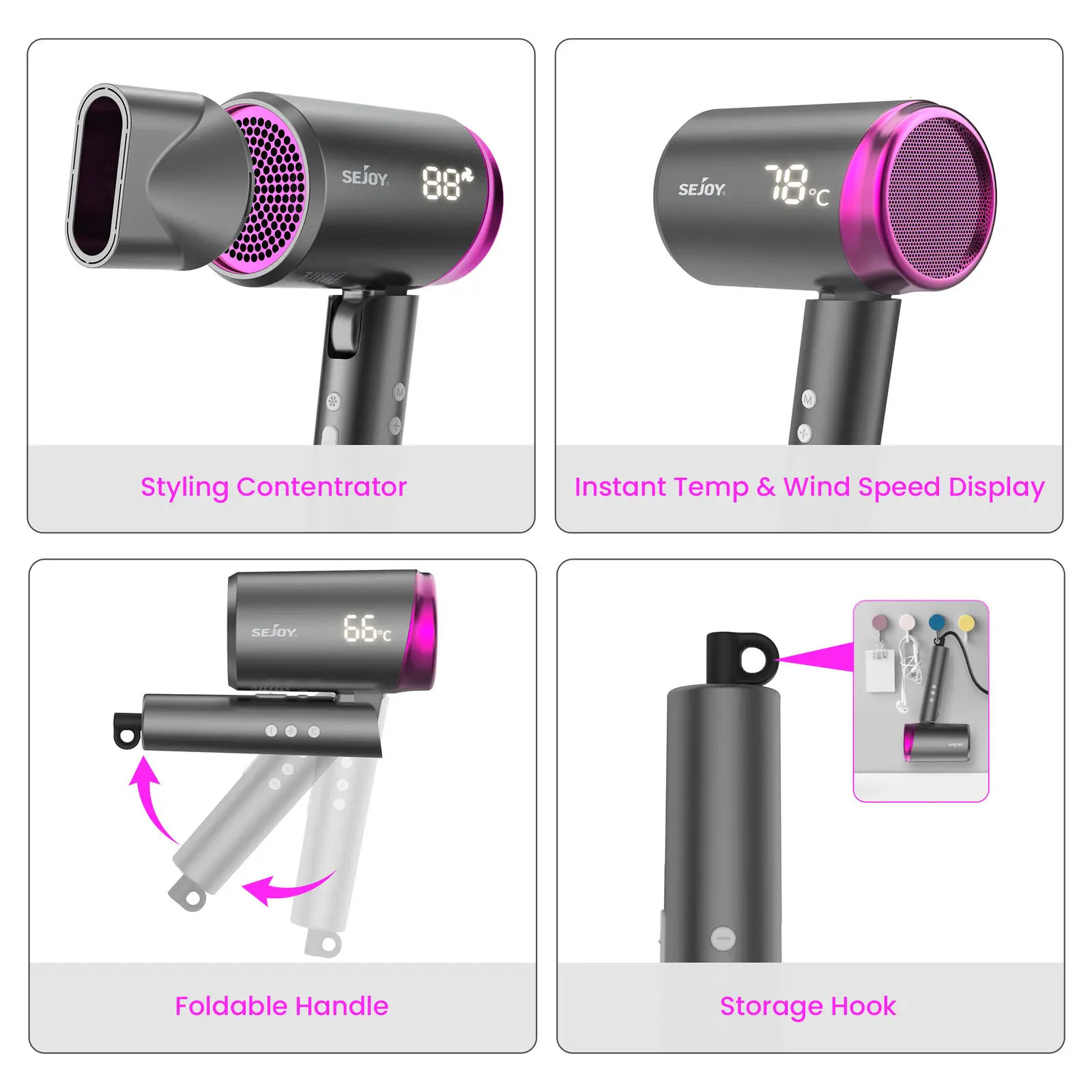 SEJOY Ionic Hair Dryer With Negative Ion Temp Setting for Home LED Display Portable Lightweight Blow Dryer No Hair Damage 250513