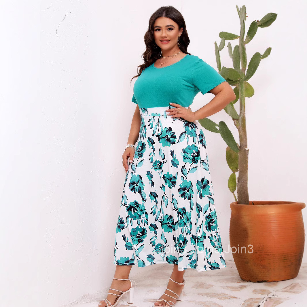 Large Size Womens Dress with Elegant Temperament Printed Splicing Round Neck Waist Cinching and Large Swing Dress