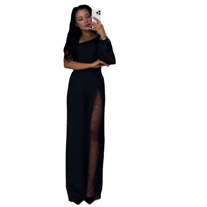 Wide Leg Jumpsuit Autumn New Women S Slant Neck Design With Perspective Mesh Splicing Jumpsuit