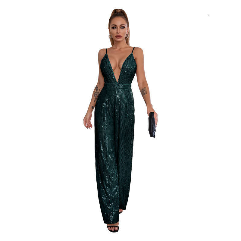 Wide Leg Jumpsuit Women S Fashion Spicy Girl Sleeveless Camisole Deep V French Backless Sequined Jumpsuit