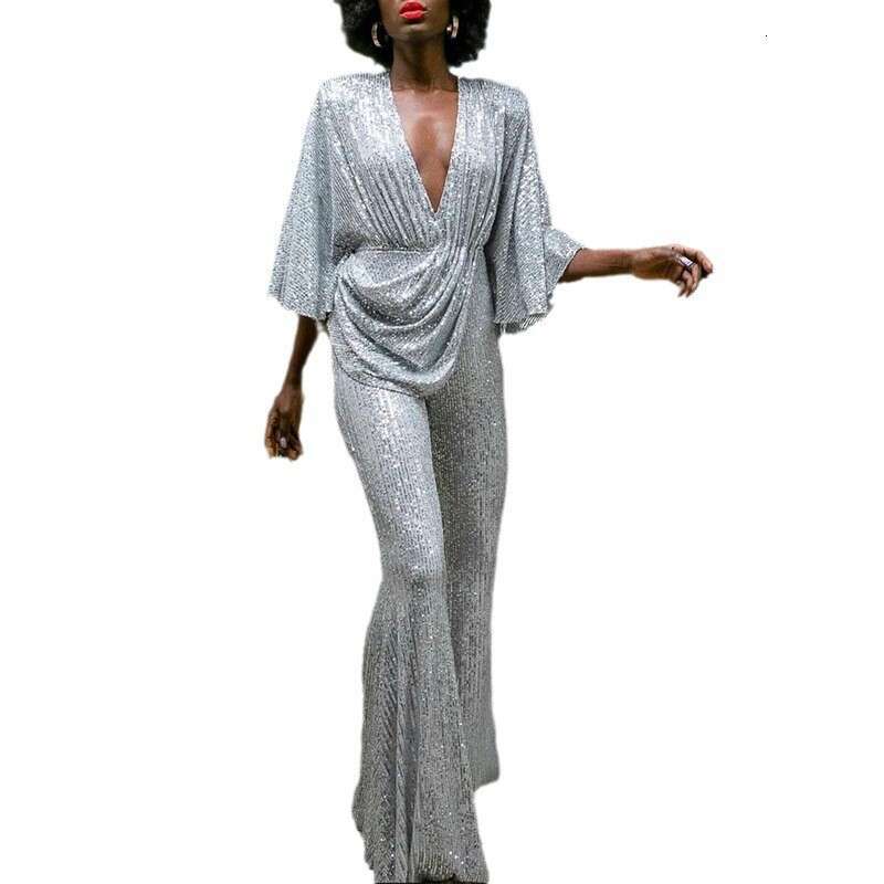 Wide Leg Jumpsuit New Women S Sequined Sexy Deep V Back Jumpsuit Pants