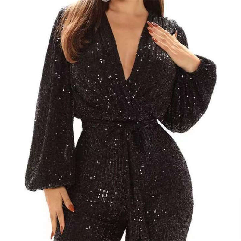 Wide Leg Jumpsuit Women S Autumn And Winter Fashion Temperament Sequin Jumpsuit Sexy V Neck Wide Leg Pants