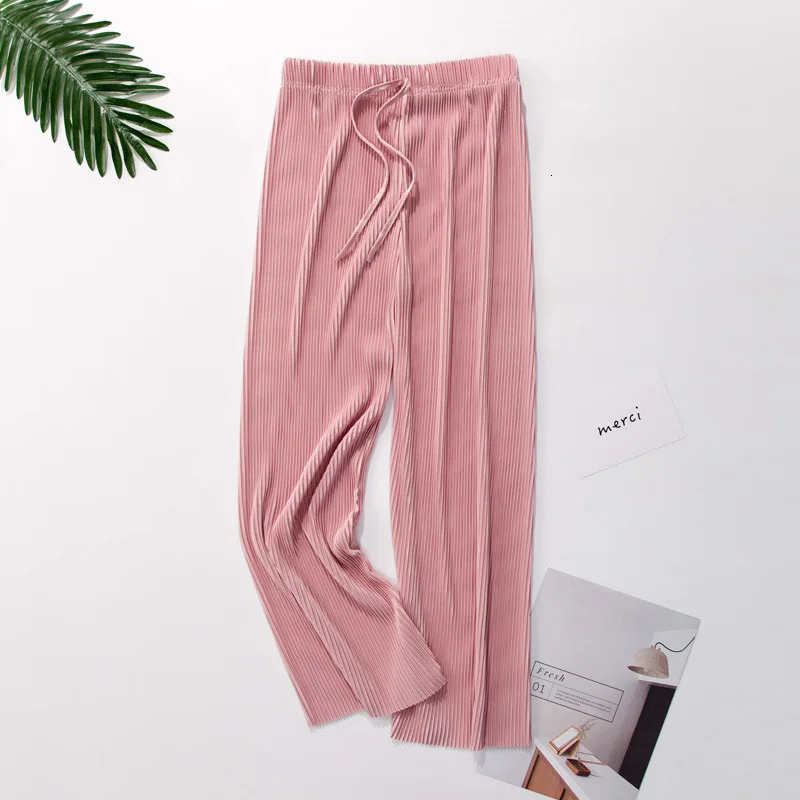 Women Fashion Summer Wide Leg Pants Pleated Ice Silk Trousers Elastic Waist Loose Casual Pant 250517