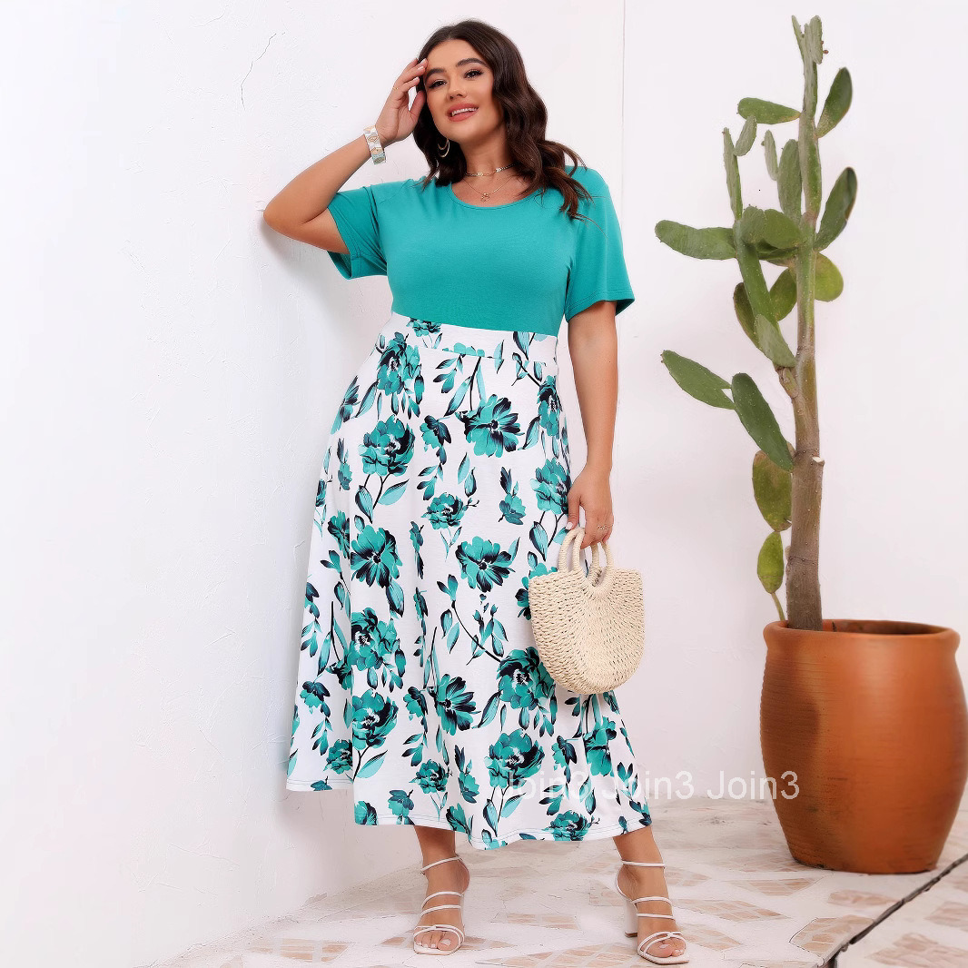 Large Size Womens Dress with Elegant Temperament Printed Splicing Round Neck Waist Cinching and Large Swing Dress
