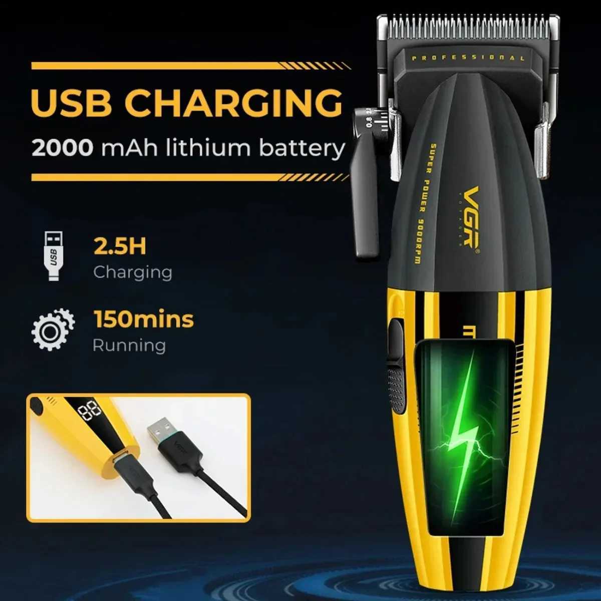 Hair Trimmer Professional LED Hair Cut Machine Cordless 9000 RPM Electric Barber Clippers Metal Hair Trimmer for Men R250517