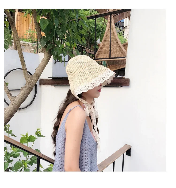 Womens Summer Straw Panama Hat with Lace Ribbon Ponytail Hole AntiUV Wide Brim Sunshade for Beach Travel Outdoor Fashion 250517