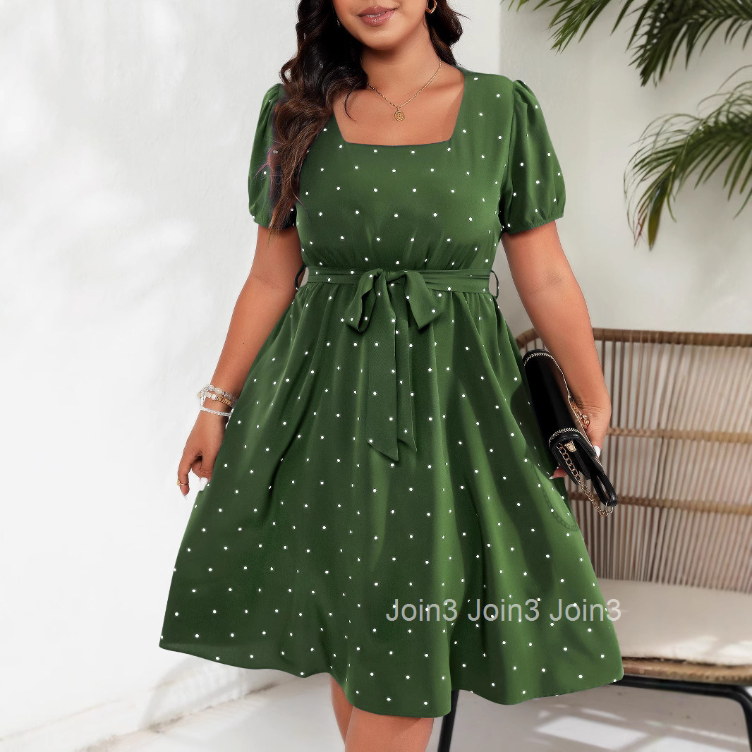 Large Size Womens Elegant Polka Dot Waist Cinched Lace Up Square Neck Big Swing Dress