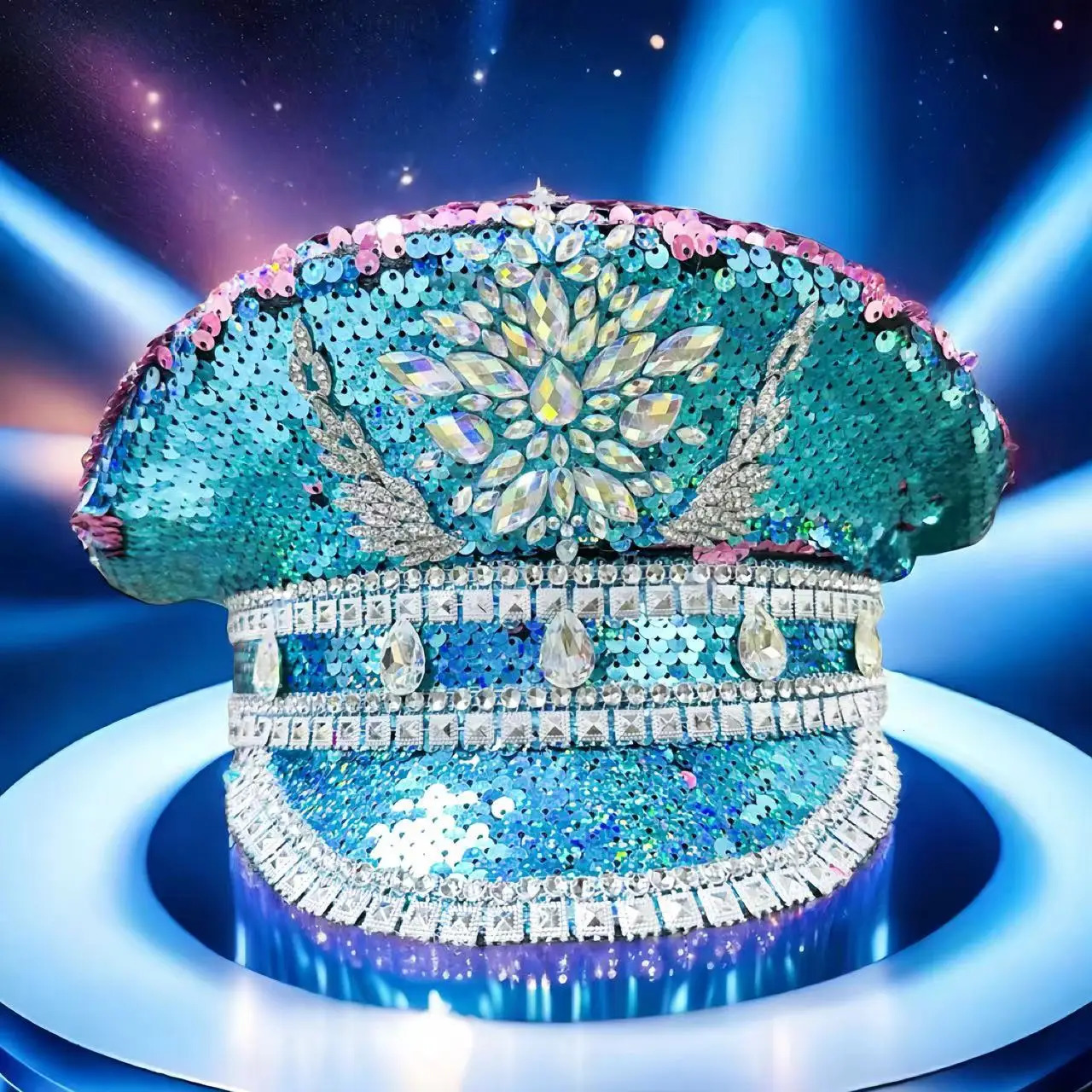 HongLuan BluePurple Bling Steampunk Captain Hat Rhinestones for Woman Burning Man Military Assessories Hats 250517