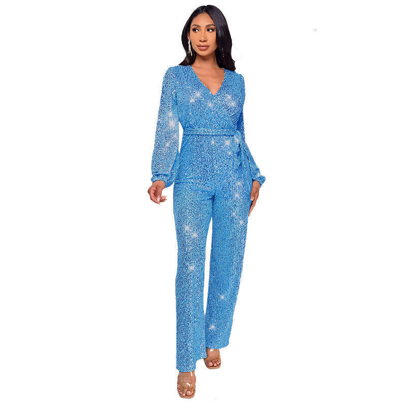 Wide Leg Jumpsuit OEM Women S Long Sleeved Sequined With Fashionable Waistband And Wide Leg Jumpsuit For Women