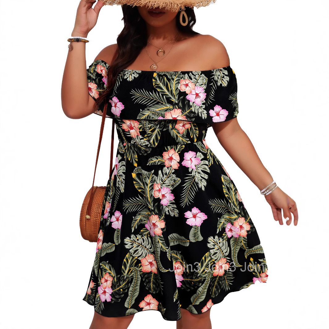 Summer New Womens Elegant Printed One Neck Strapless Waist Slimming Dress