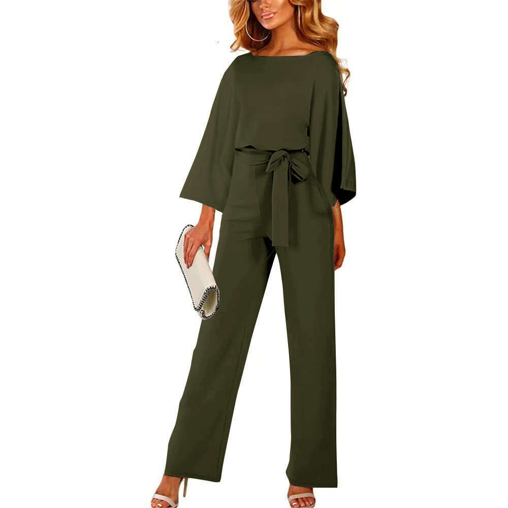 Wide Leg Jumpsuit Spring And Autumn Solid Color Seven Split Sleeves Tie Up Jumpsuit