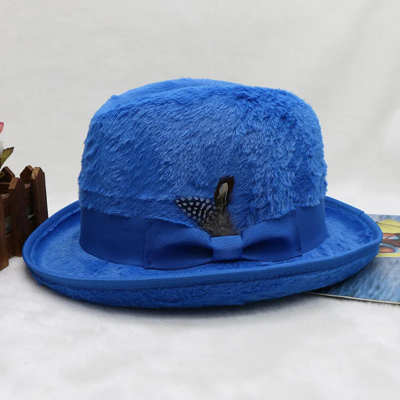 Plush Pork Pie Hat Man Fedora Unisex Gentleman Round Top Cap Cosplay Feather Accessories Derby Bowler Hat Winter Hat 250516