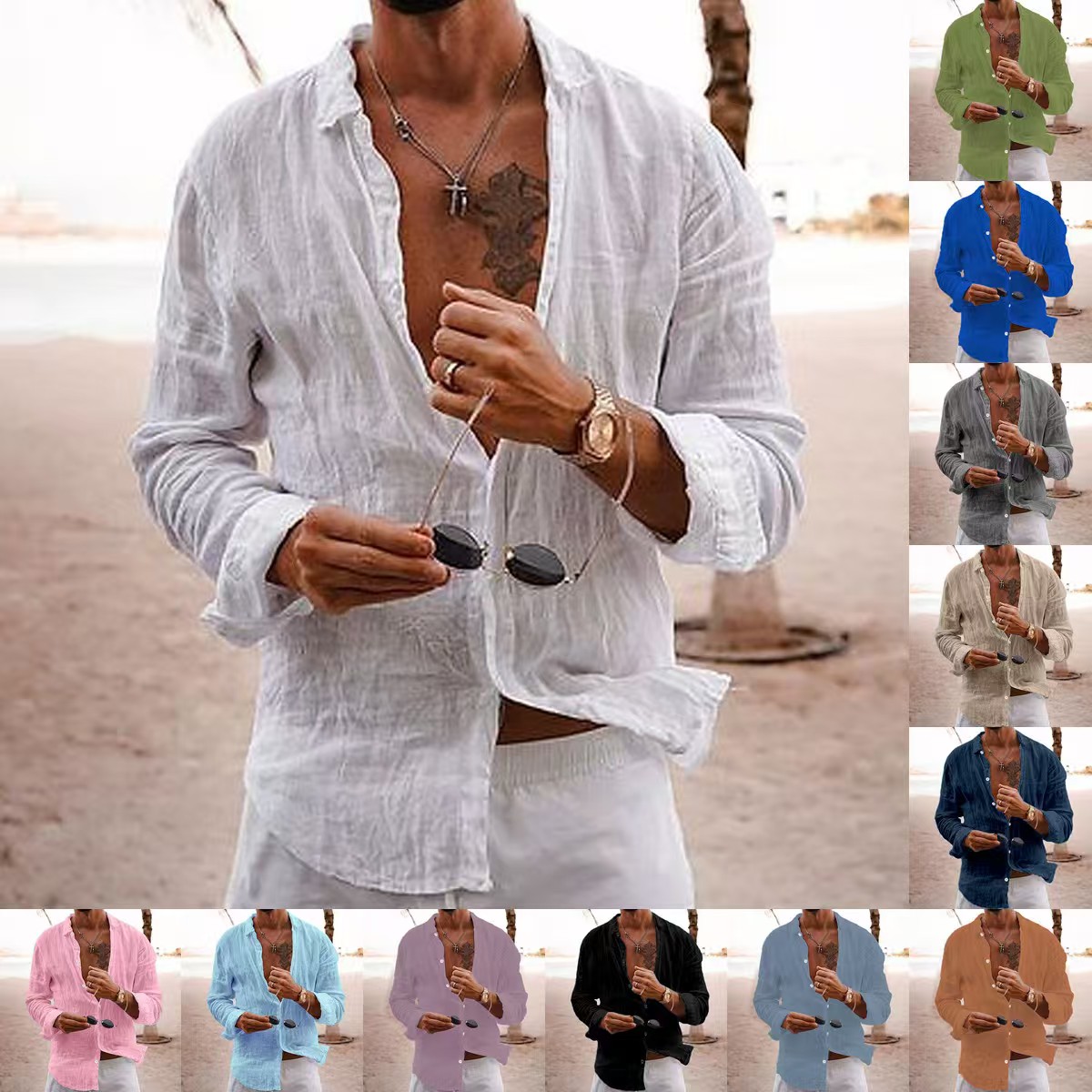 Designer Mens Loose Long Sleeve Shirt Solid Color Casual Travel T-Shirt Style Shirt Versatile Top