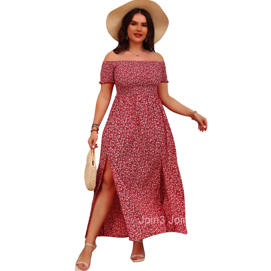 Womens Large Casual Bohemian Print Off Shoulder Herringbone Neck Split Dress Long Small Floral Skirt