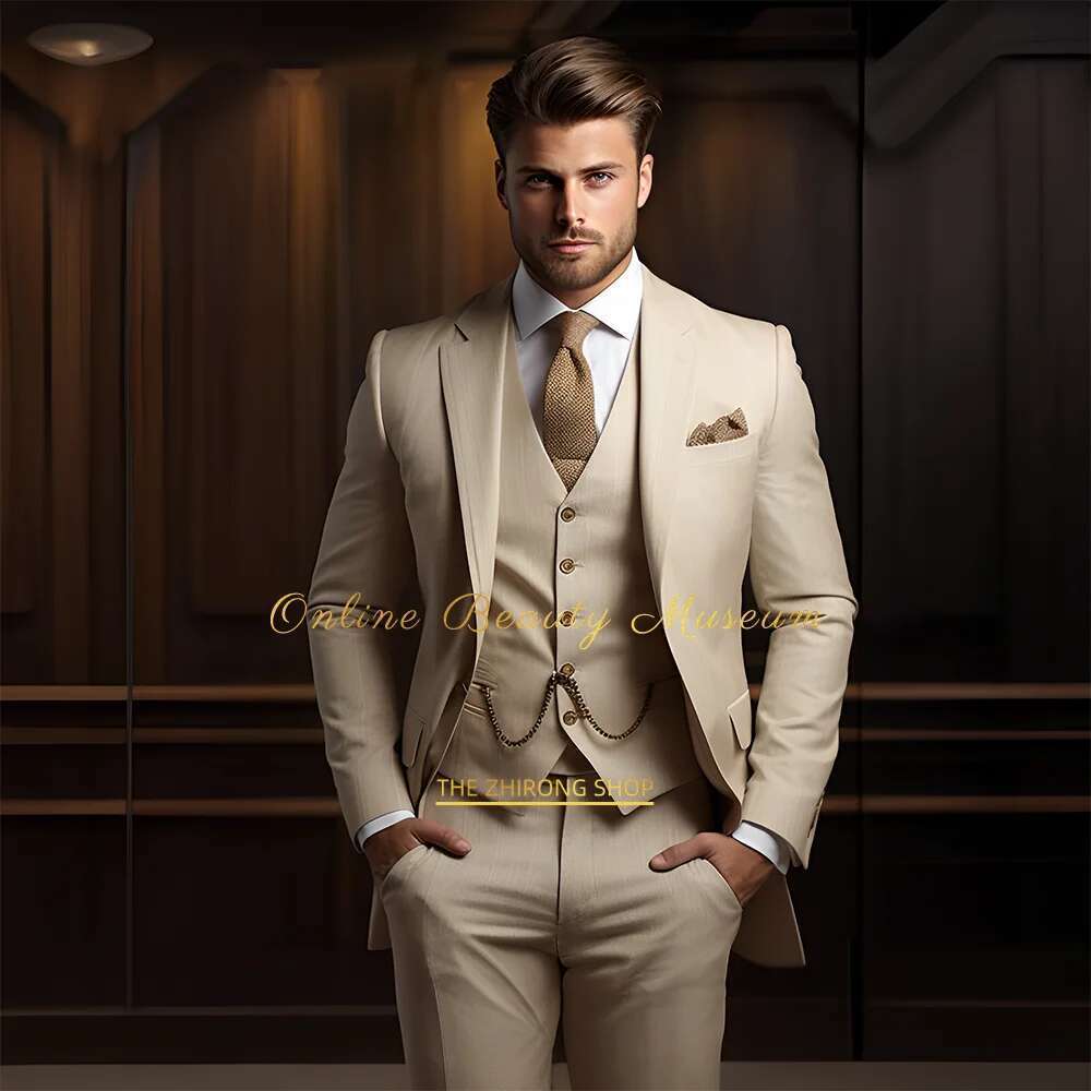 Men's Khaki Suit (Jacket Vest + Pants), Fashionable And Elegant Style, High-Quality Tailor-Made Dress For Wedding Parties Designer