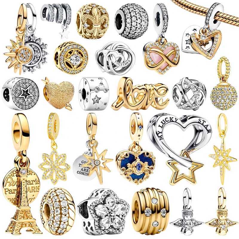 Hot Sale Sun Moon Lucky Star Sparkling Gold Angel Dangle Charm Beads Fit Original European 925 Silver Bracelet DIY Jewelry GiftXJ250517