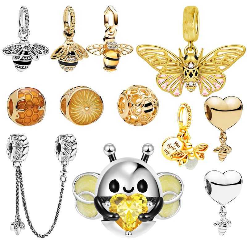 Sparkling Bee Gold Cicada Pendant Bee Embraces Heart Gem Charm Bead Fit Original European 925 Silver Bracelet DIY Jewelry GiftXJ250517