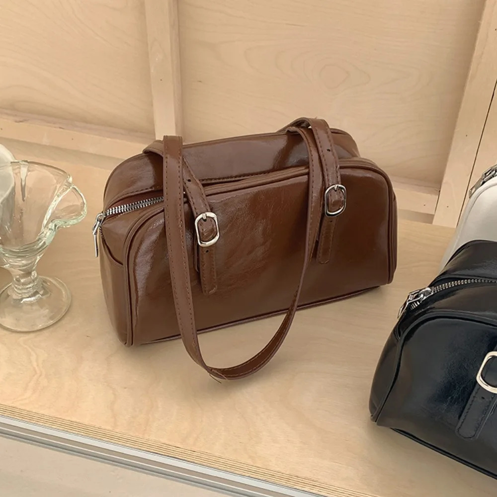 Trendy PU Leather Boston Bag Retro Casual Shoulder Bag Korean Style Tote Underarm Bag Lady 250515
