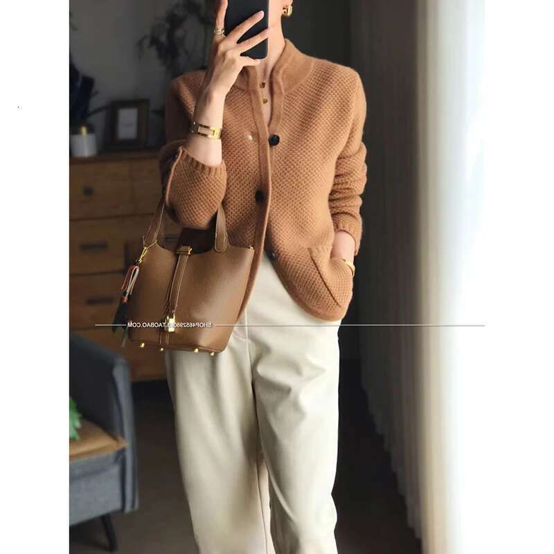 Autumn winter new thickened 100% pure cashmere cardigan women stand neck loose knit base sweater jacket