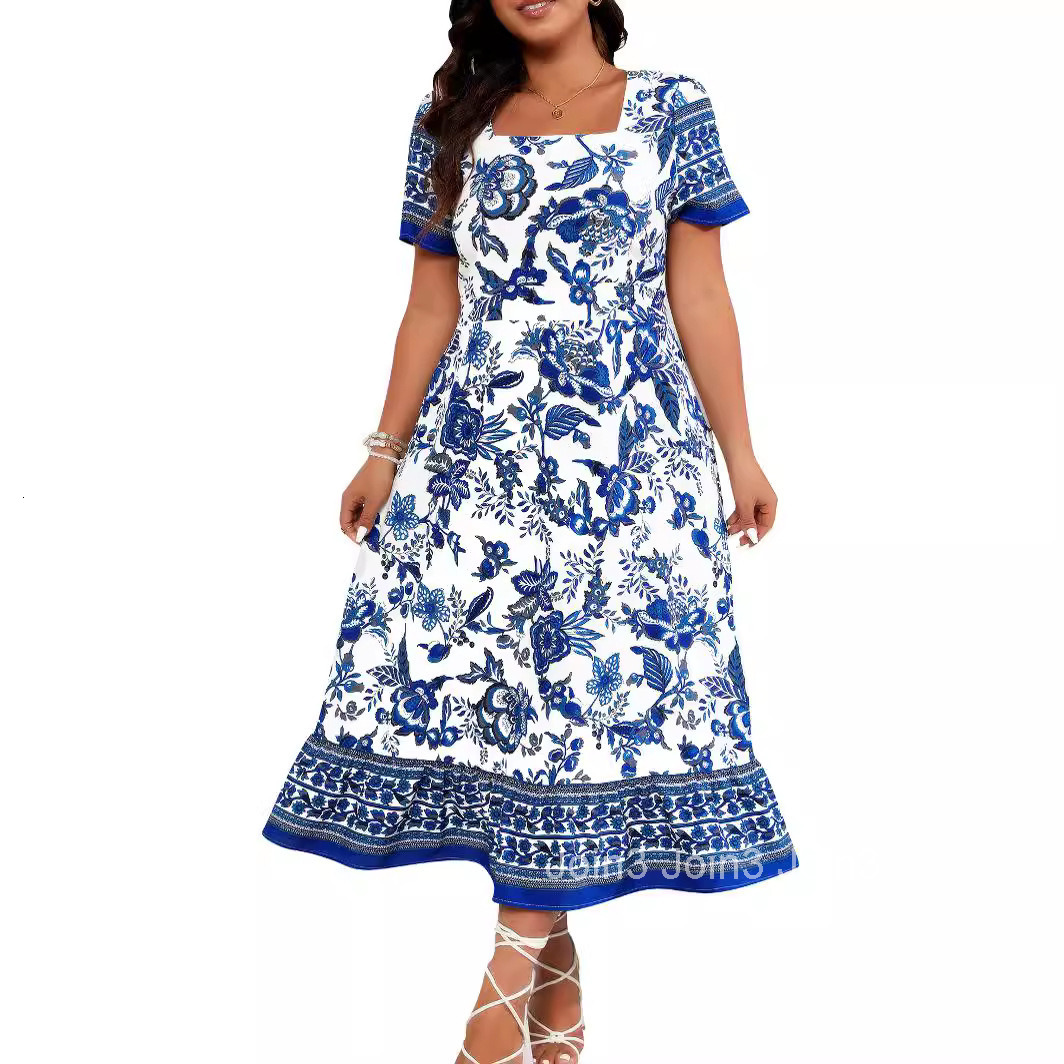 Ethnic Style Positioning Blue and White Long Dress
