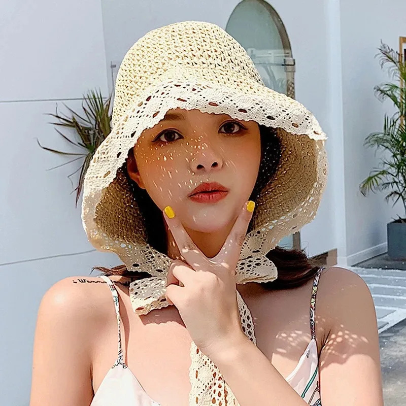 Summer Hats for Women Beach Lace Sun Hat Ribbon Holiday Beach Straw Paper Lady Outdoor Travel Cap Women Bucket Hat Foldable 250516