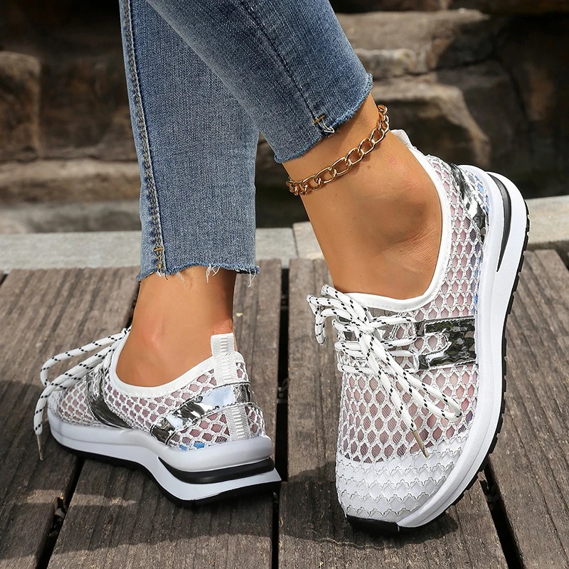 Hollow Mesh Breathable Sneakers for Women 2025 Summer Lightweight Slip On Sports Shoes Woman Plus Size Fashion Platform Sneakers 250515