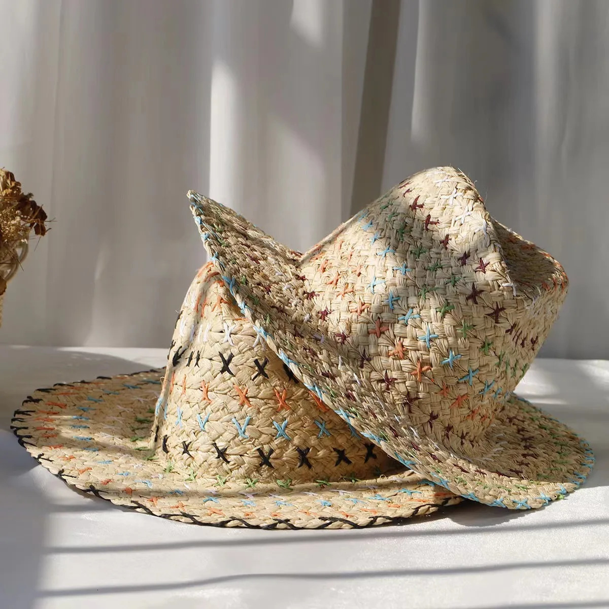 Raffia straw hat for women Bohemian colorful stitched straw hat ladies vacation sun hat beach summer vacation jazz hat panama 250516