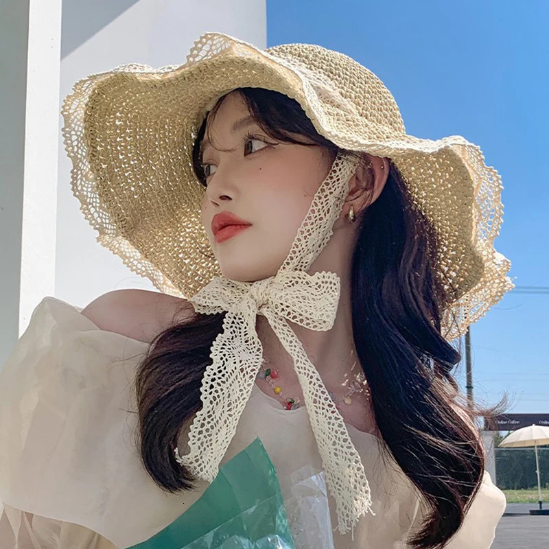 Lace Bow Women Straw Hat Wide Brim Hollow Out Grass Handwoven Visors Bucket Cap Korean Girl Beach Tour Foldable Sunshade Hats 250516