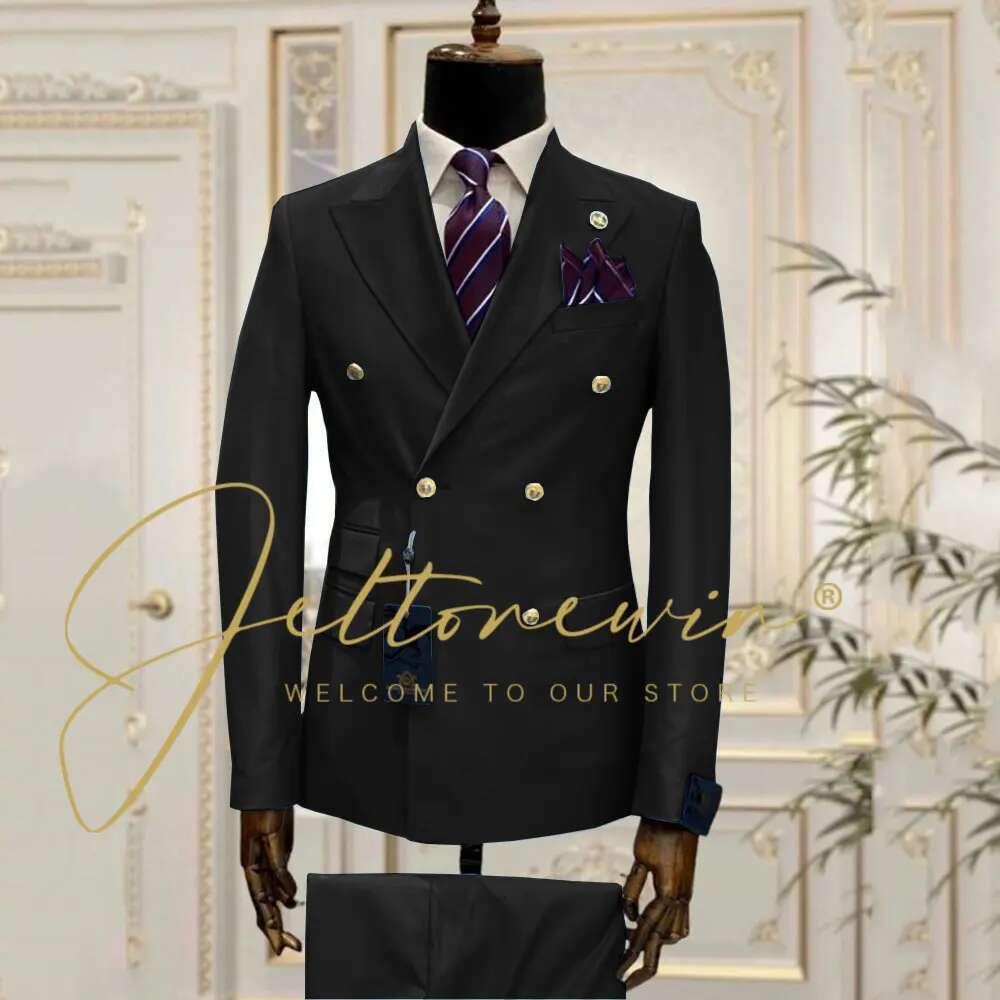 Slim Fit Male Suits 2 Pieces Peak Lapel Double Breasted Wedding Tuxedos Groom Business Wear Best Man (Blazer+Vest) Costume Homme Designer