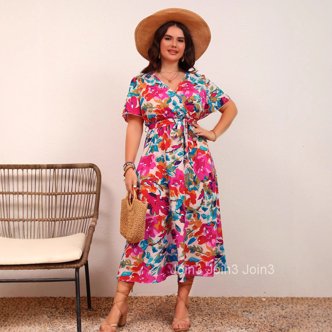 Large Womens Elegant Temperament V-neck Cinched Waist Slimming Lace Up A-line Floral Dress
