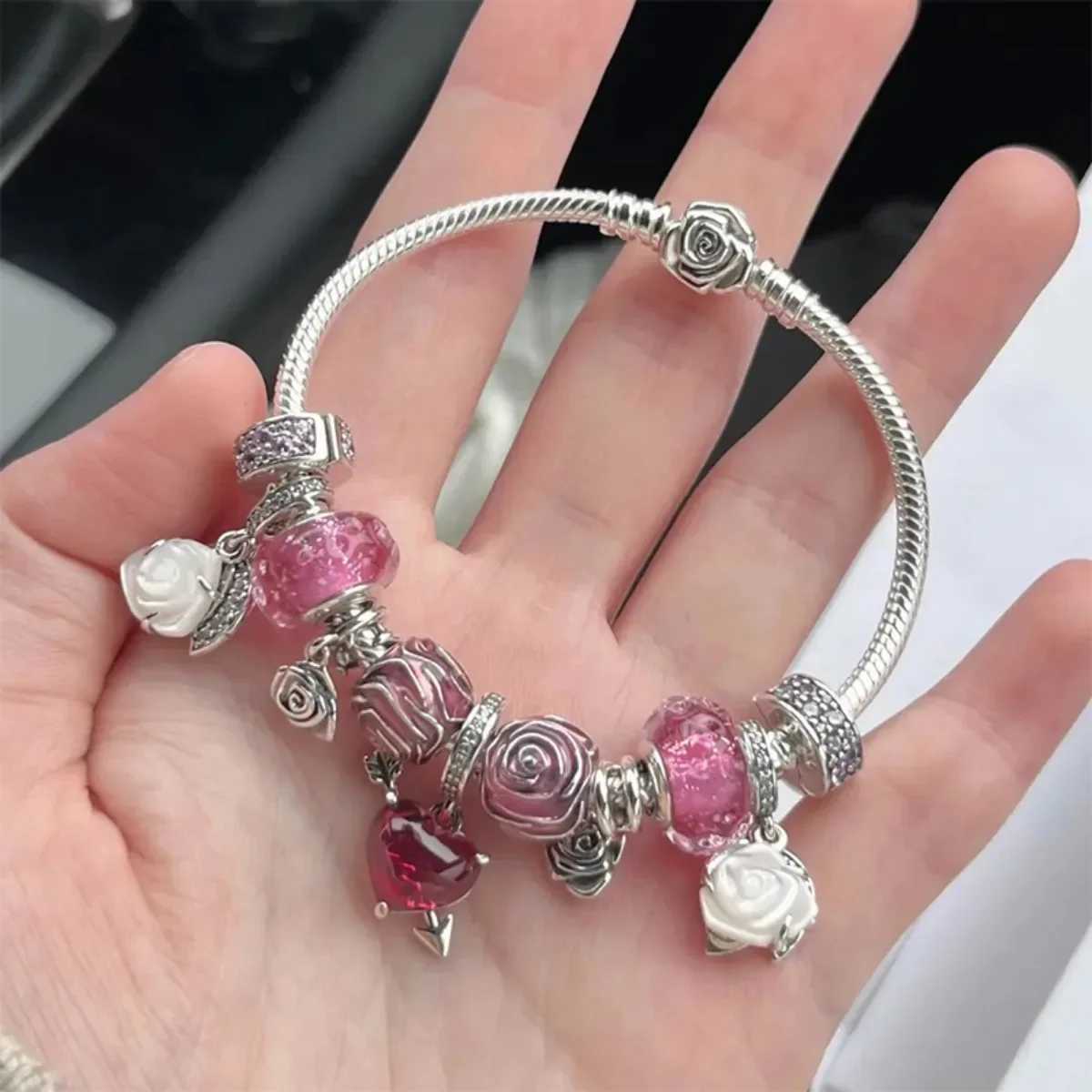 Hot Sale Pink Charms Heart Dangle Charm Beads Flower Pendant DIY Jewelry Fit Original 925 Sterling Silver Bracelet Necklace ClipXJ250517