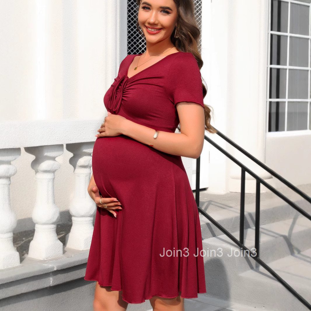 New Maternity Dress with Drawstring Decoration on the Chest V-neck Short Sleeved Big Swing Dress