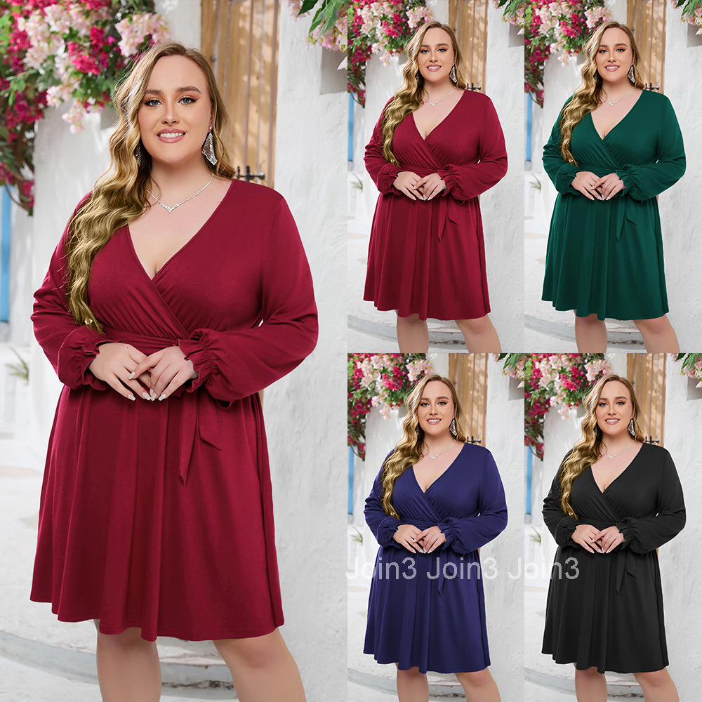 Hot Selling Fashion Temperament Solid Color V-neck Large Dress