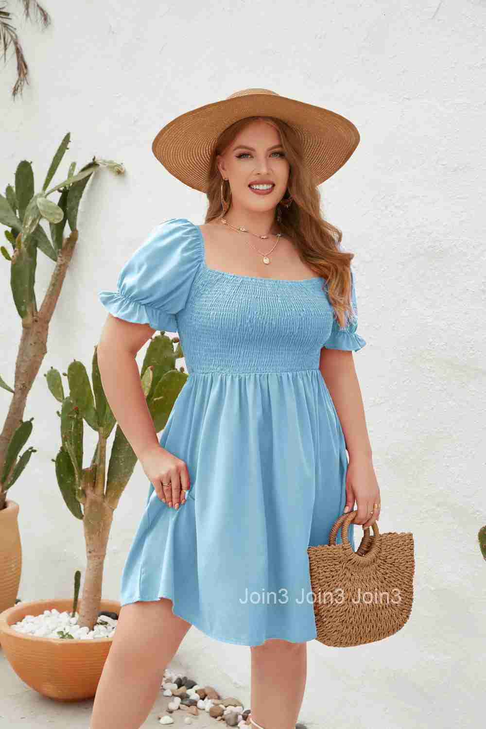 Large Womens Wear Large Solid Leisure Holiday Dress Travel Square Neck Wrap Bubble Sleeve Dress
