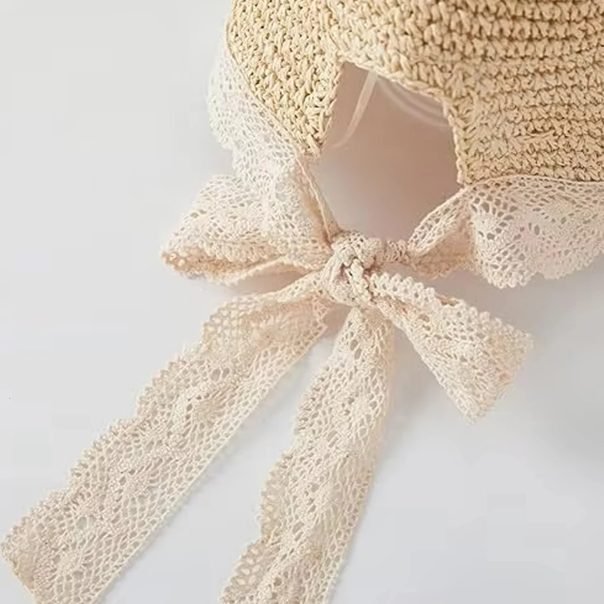 Womens Summer Straw Panama Hat with Lace Ribbon Ponytail Hole AntiUV Wide Brim Sunshade for Beach Travel Outdoor Fashion 250517