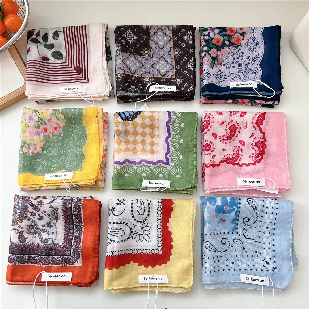 55cm Girls Cotton Linen Ladies Square Scarf for Women Korean Chic Headband Fashion Decorative Hairband Floral Scarf Accessorries 250516