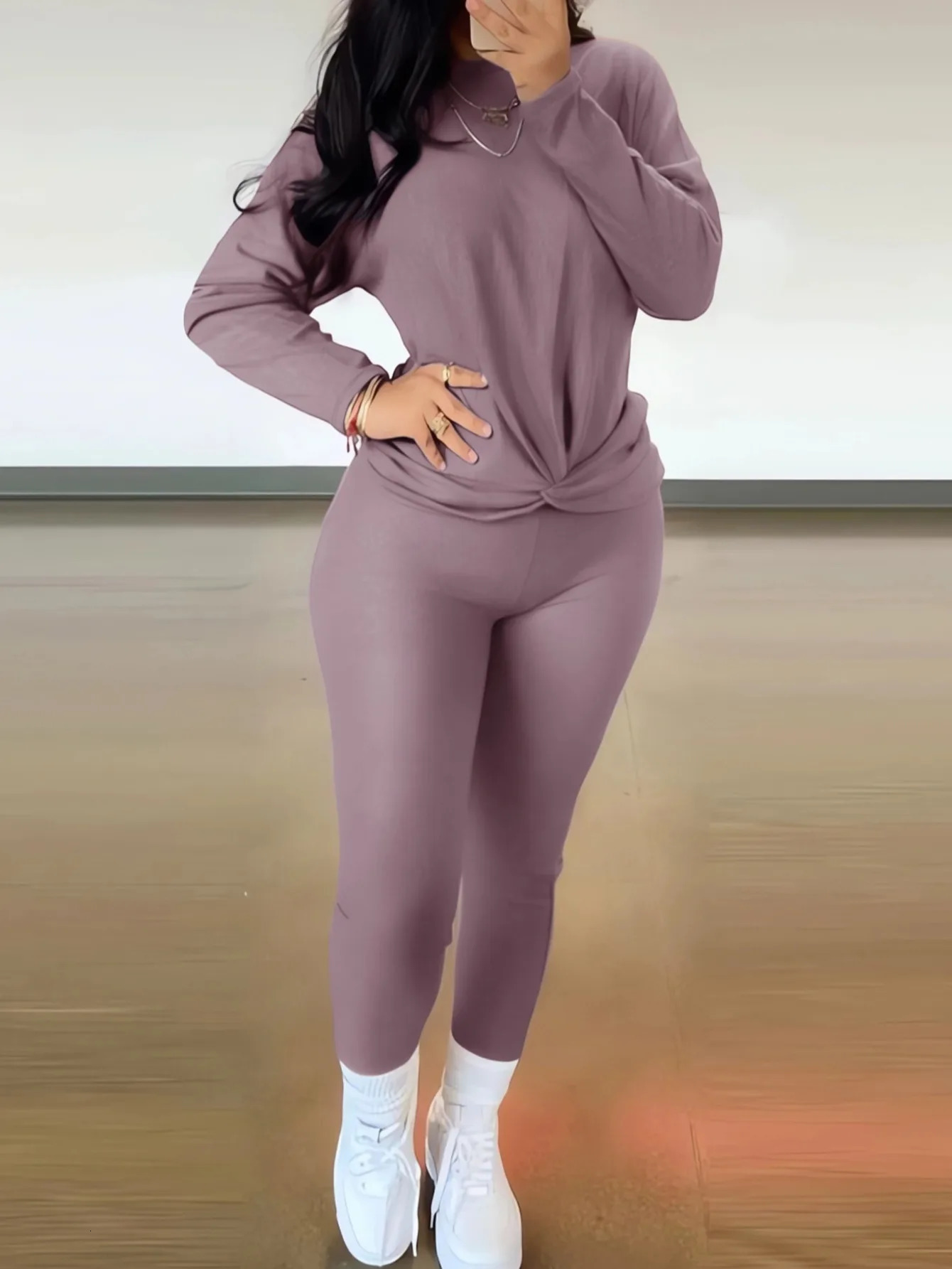 4XL 5XL LW Women Autumn Winter Plus Size Casual Twist Front Regular Fit Round Neck Long Sleeve Light Purple Two Pieces Pants Set 250513Z
