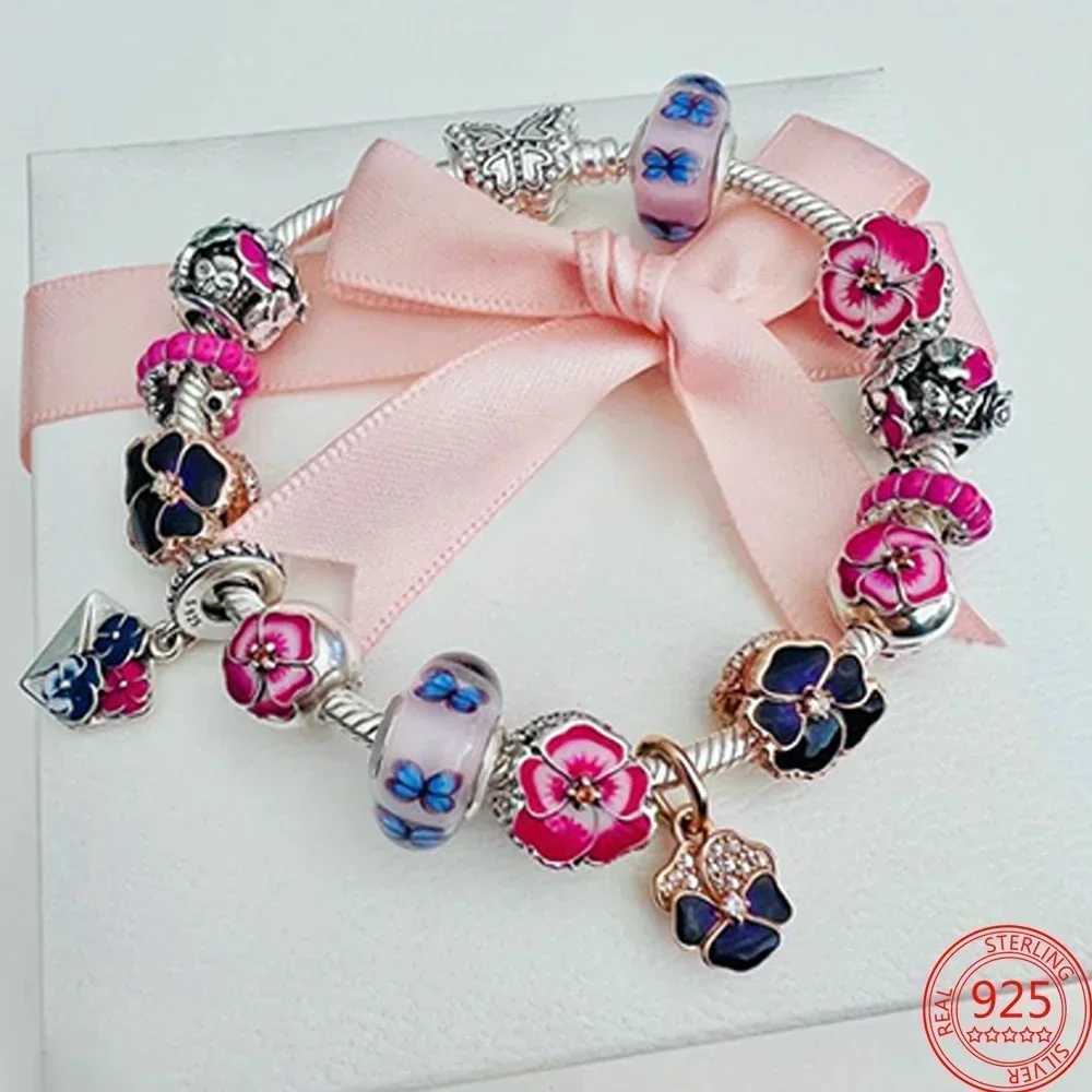 New 925 Sterling Silver Purple Murano Bead Pansy Flower Dangle Charm Fit Original Brand Bracelet And Necklace Women Jewelry GiftXJ250517
