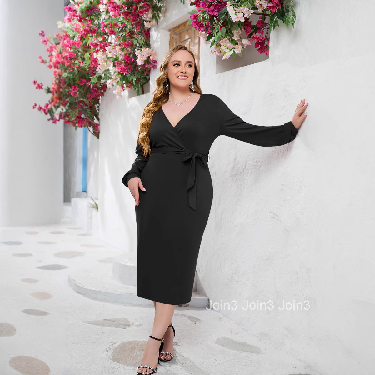 Oversized Long Dress V-neck Wrapped Hip Belt Dress
