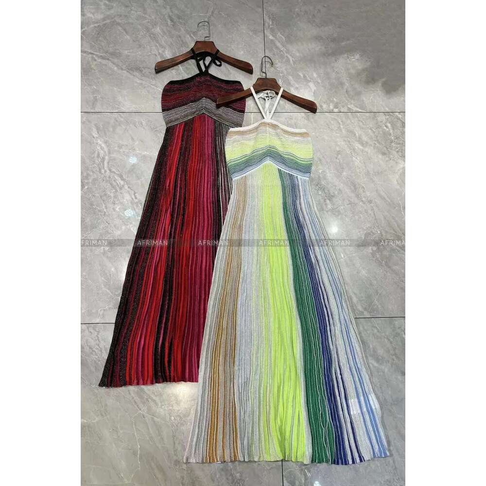 Women Metallic Sequined Striped Halter Neck Sleeveless Maxi Long Dress