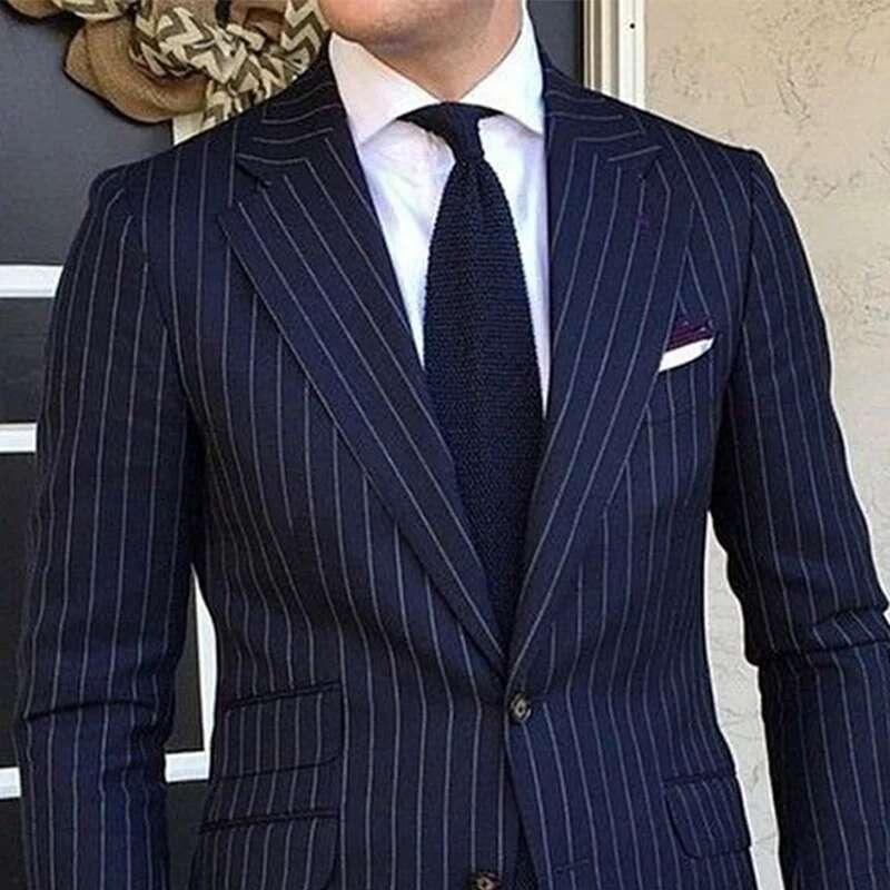 2 Piece Pinstripe Men's Suit Slim Fit For Formal Wedding Tuxedo Notched Lapel Navy Blue Striped Business Groom Male Fashion Designer