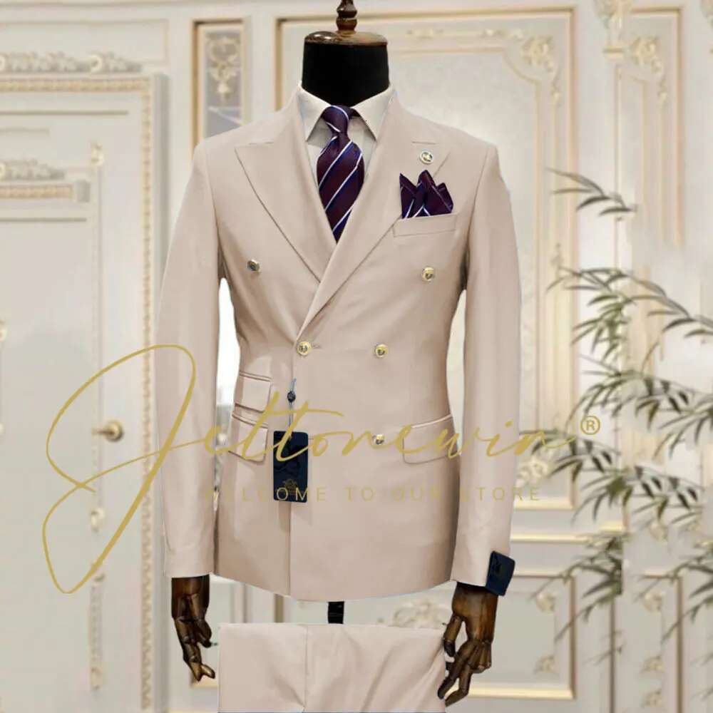Slim Fit Male Suits 2 Pieces Peak Lapel Double Breasted Wedding Tuxedos Groom Business Wear Best Man (Blazer+Vest) Costume Homme Designer