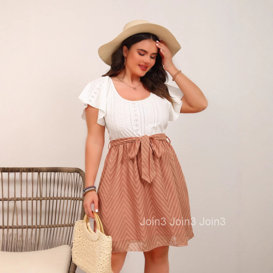 Large Size Elegant Womens Mesh Jacquard Fabric Spliced Lace Up Dress