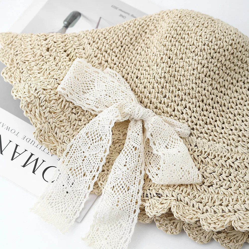 Lace Lace-up French Straw Hat Womens Summer Seaside Beach Sun Hat Foldable Large Brim Sun Protection Sunshade Hat Female 250516