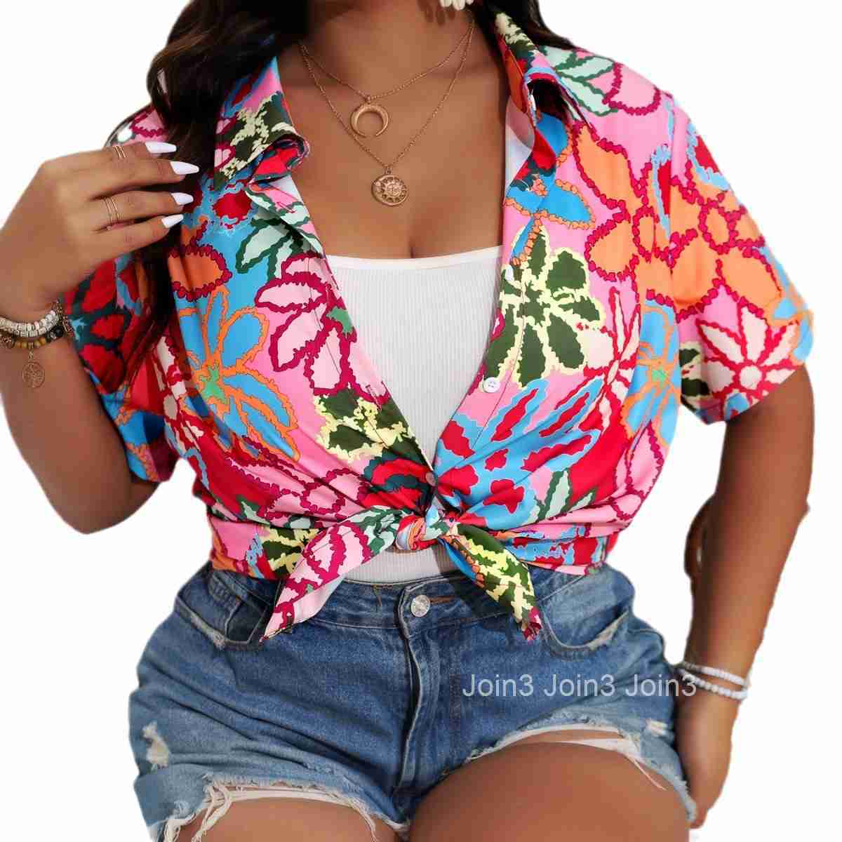 Large Size Womens Summer Soft and Cool Digital Printed Buckle Style Short Sleeved Shirt